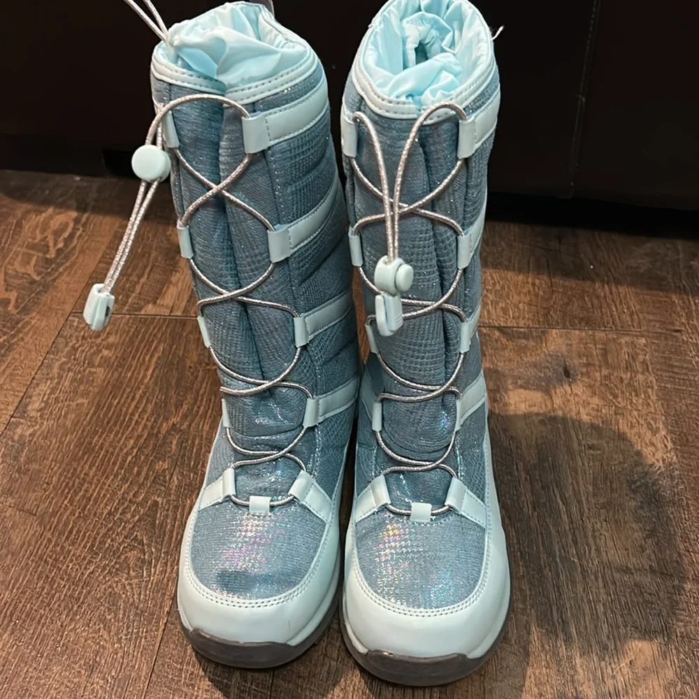 Lands End Kids Shoe Size 5 Teal Iridescent Snowflake Tall Insulated Winter Boots
